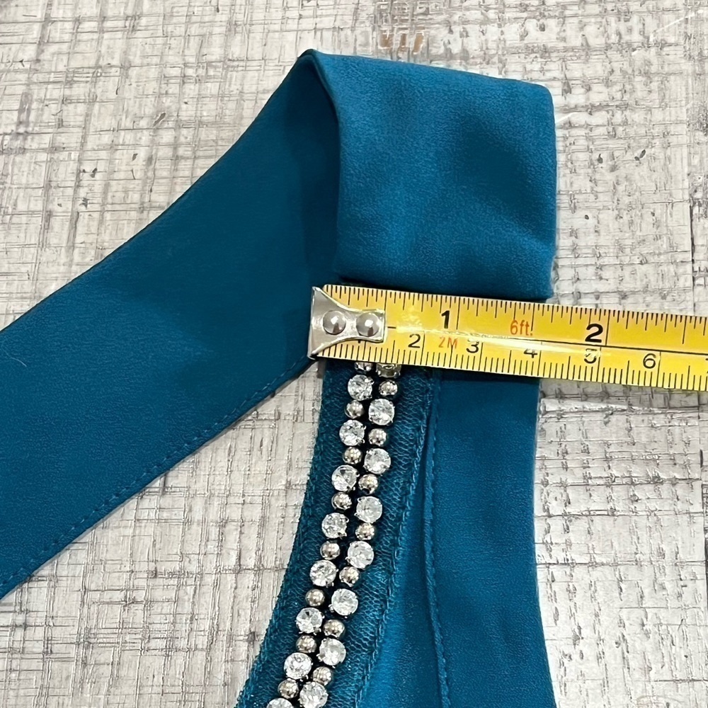Express Teal Razor Back Blouse Crystal Beaded Collar Size Small - Picture 9 of 11